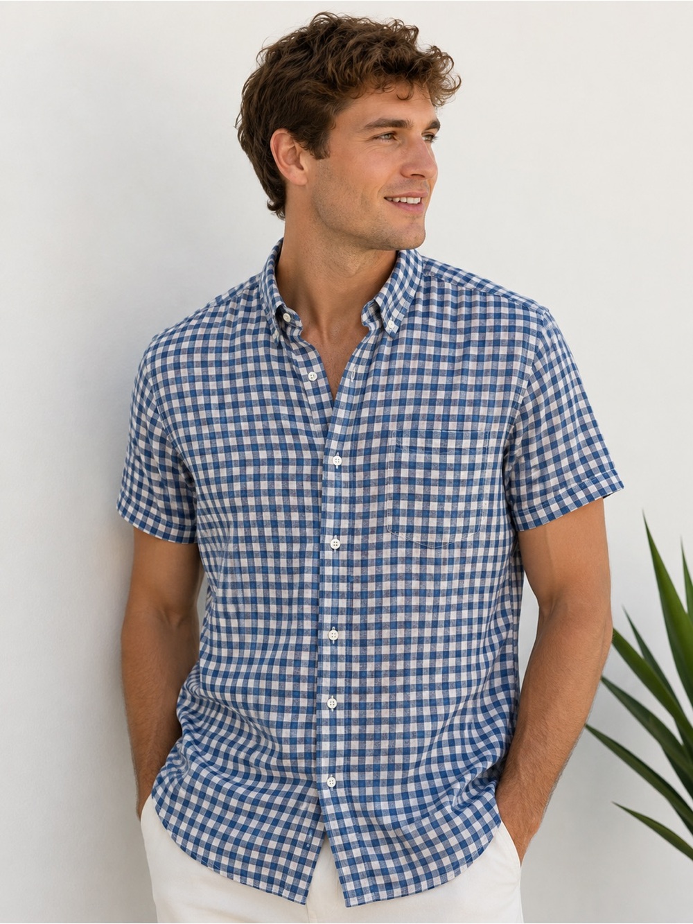Banana Republic Linen Blue and White Gingham Short-Sleeve Button-Down Shirt